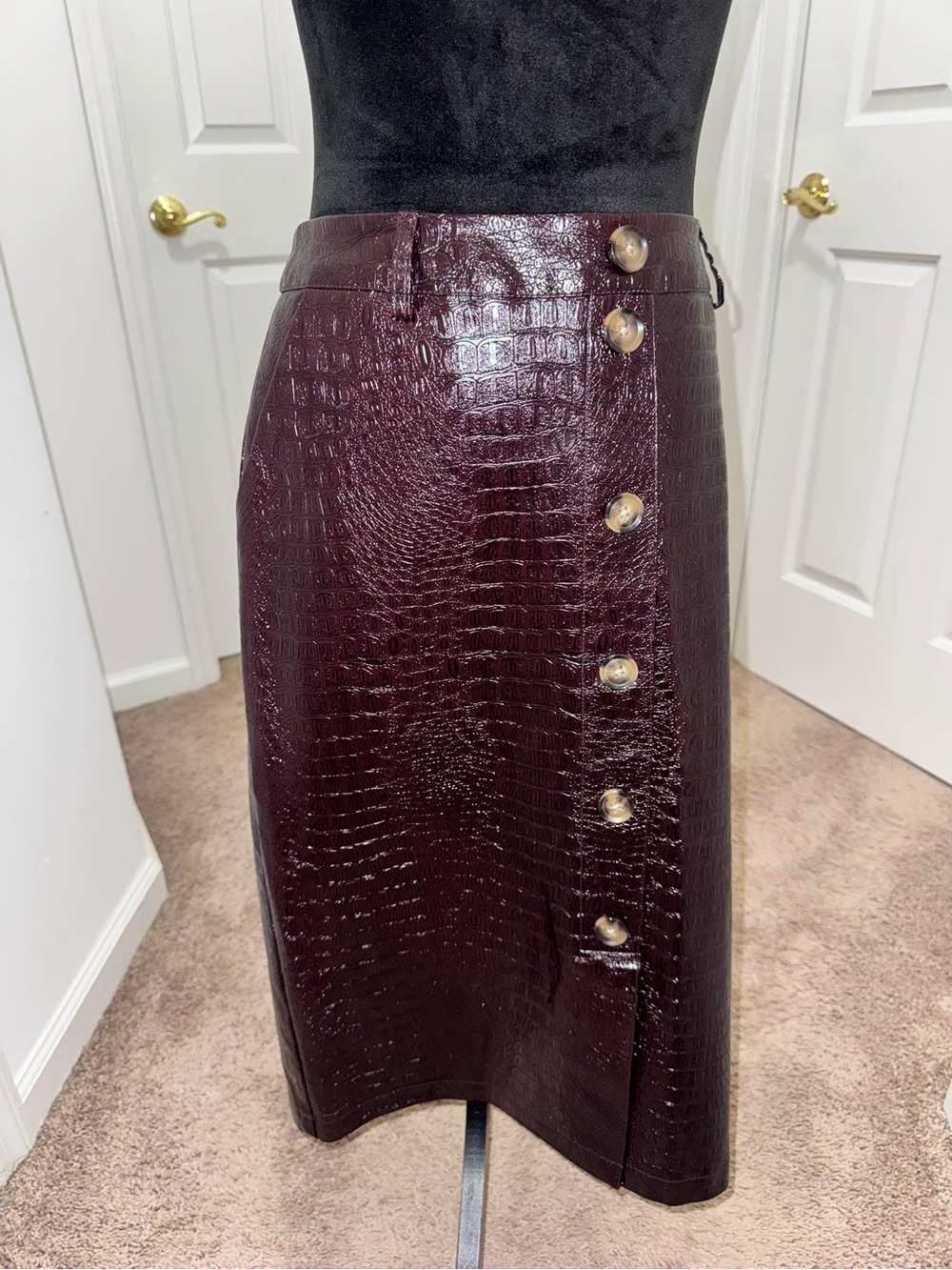 Rachel Comey Faux Croc Button-Front Pencil Skirt in Deep Burgundy
